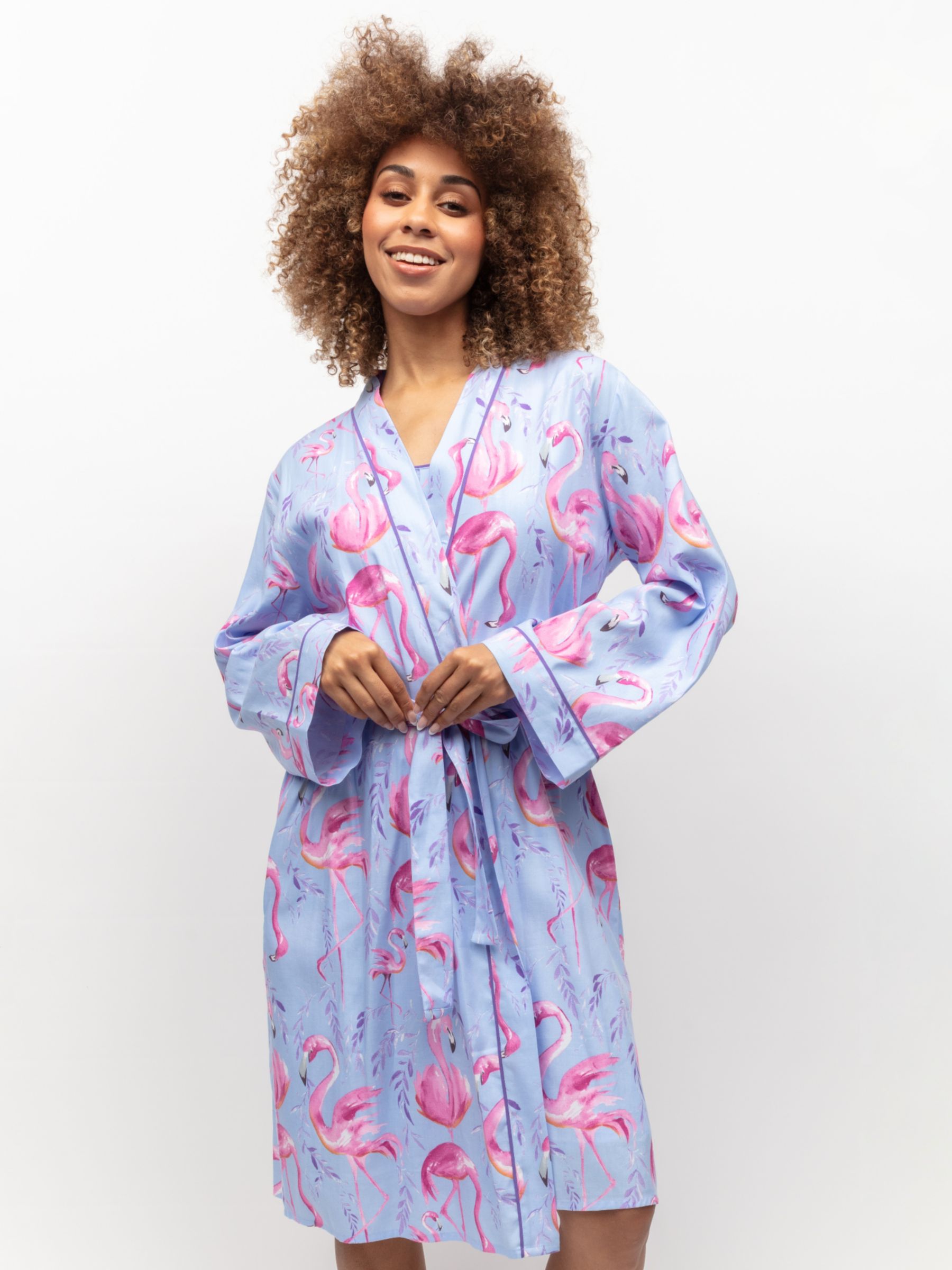 Cyberjammies Zoey Flamingo Print Short Dressing Gown, Blue/Pink, 28