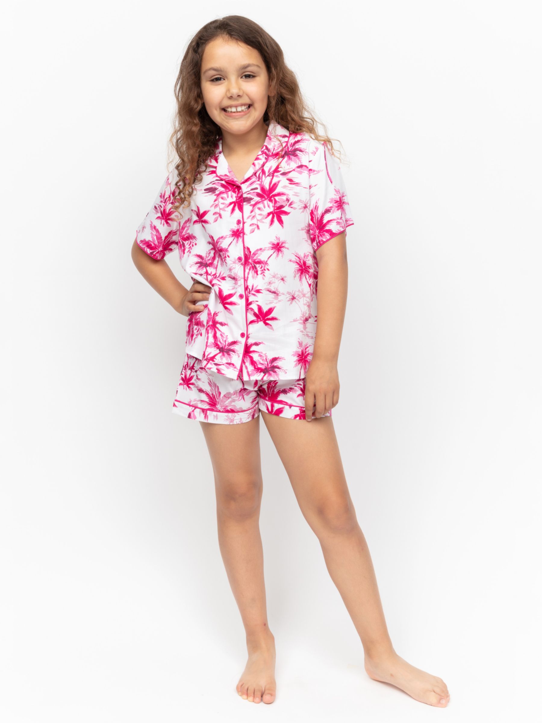 Buy Minijammies Kids' Hailey Palm Print Shorty Pyjama Set, Pink/White Online at johnlewis.com
