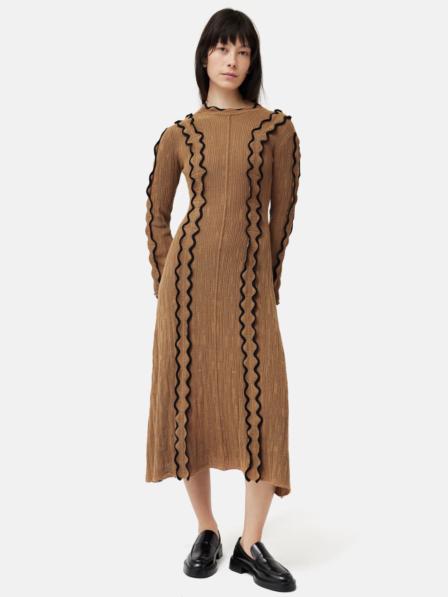 Jigsaw Scallop Trim Knitted Midi Dress, Brown, XS