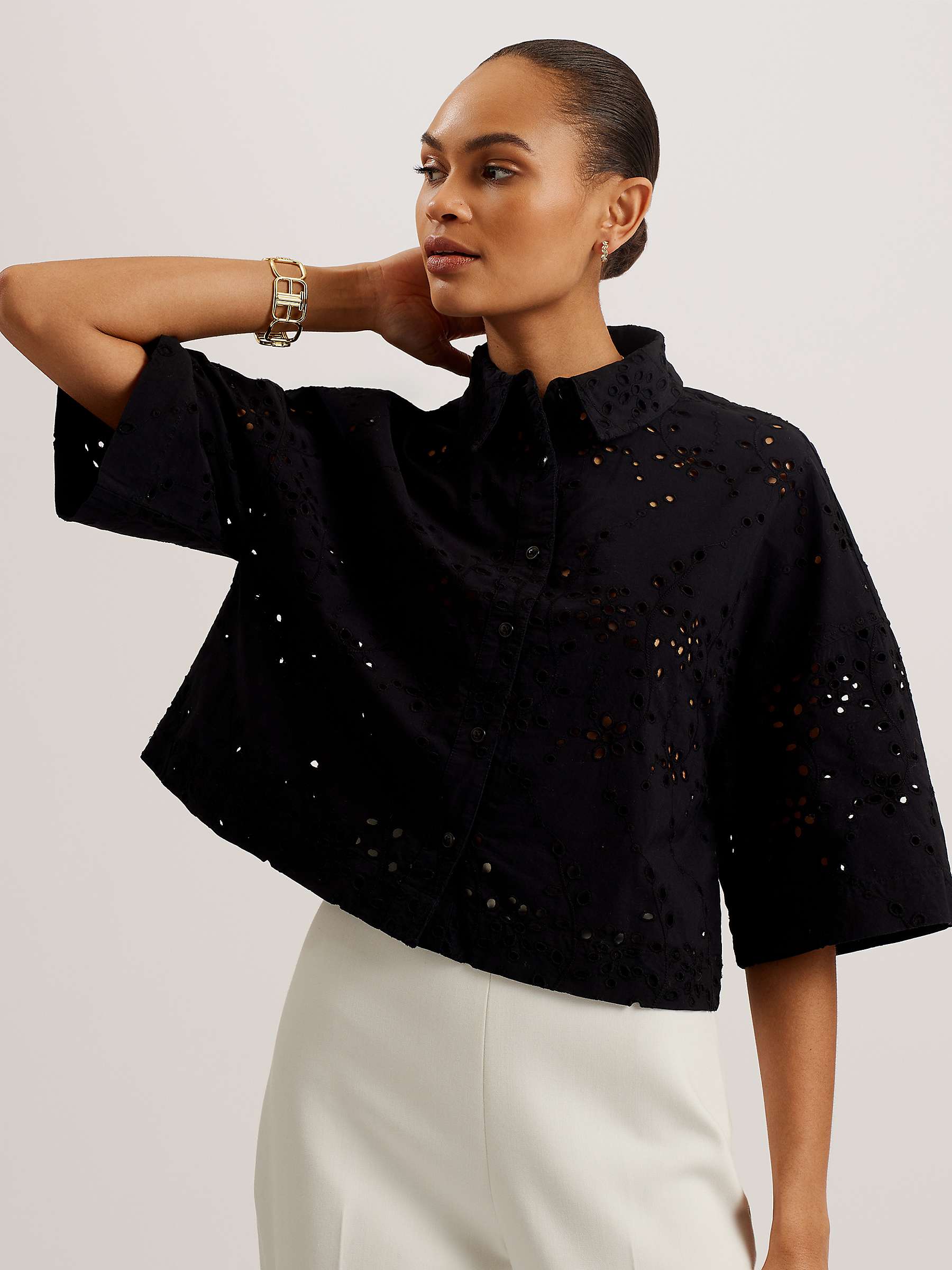 Buy Ted Baker Kilkis Broderie Boxy Cropped Shirt, Black Online at johnlewis.com