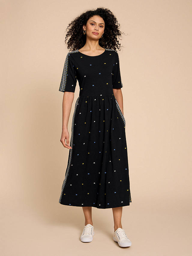 White Stuff Addison Embroidered Midi Dress, Black/Multi