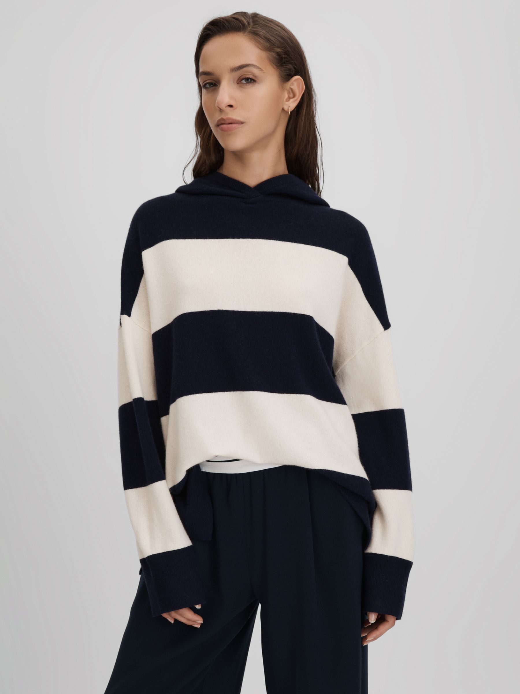 Reiss Ally Wool Cashmere Blend Striped Hoodie, Navy/Ivory, XS
