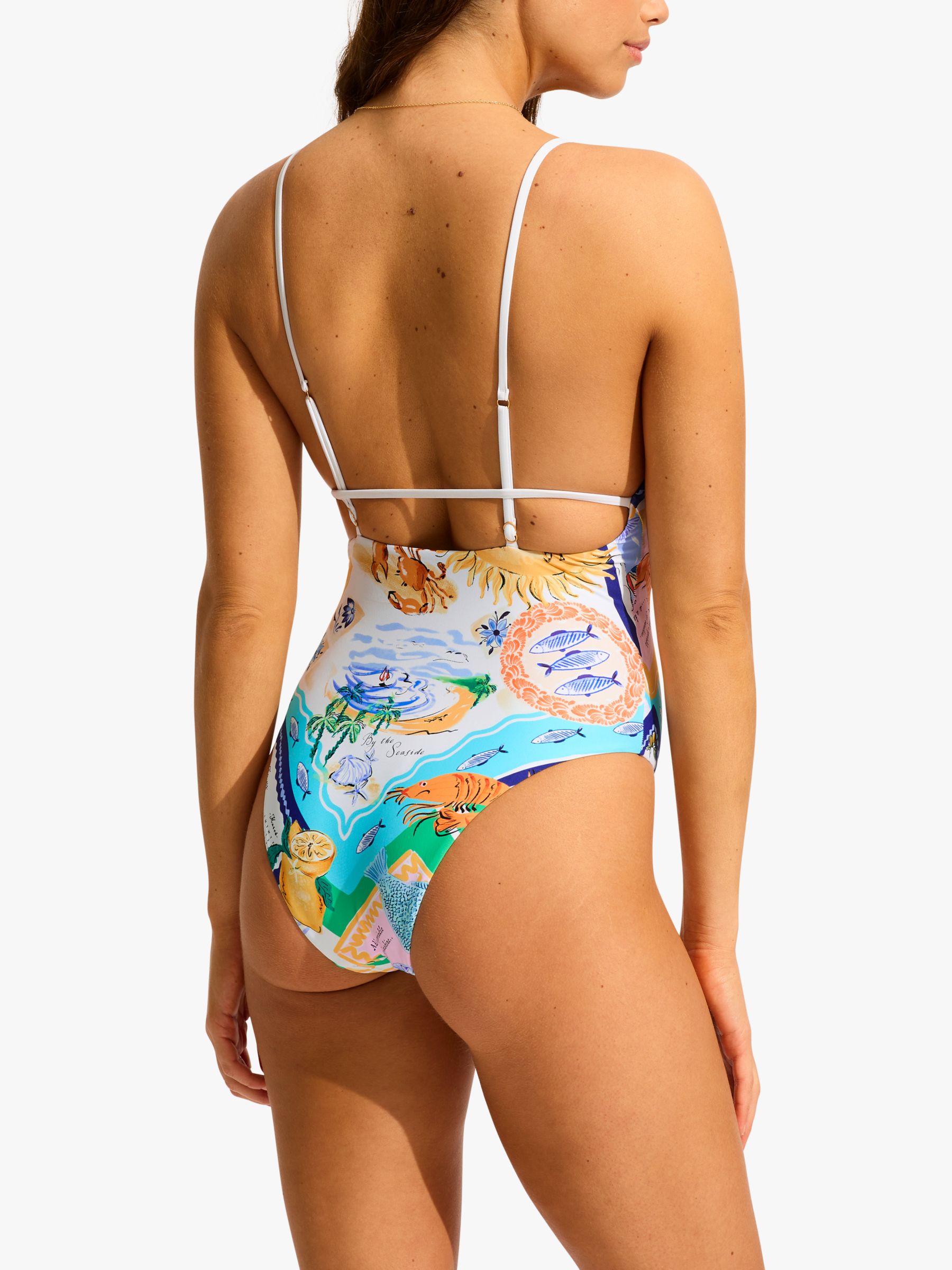 Seafolly Wish Seaside Print V-Neck Swimsuit, Blue/Multi, 12