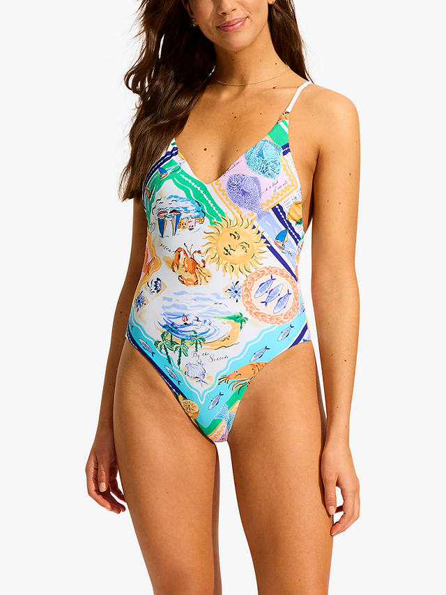 Seafolly Wish Seaside Print V-Neck Swimsuit, Blue/Multi