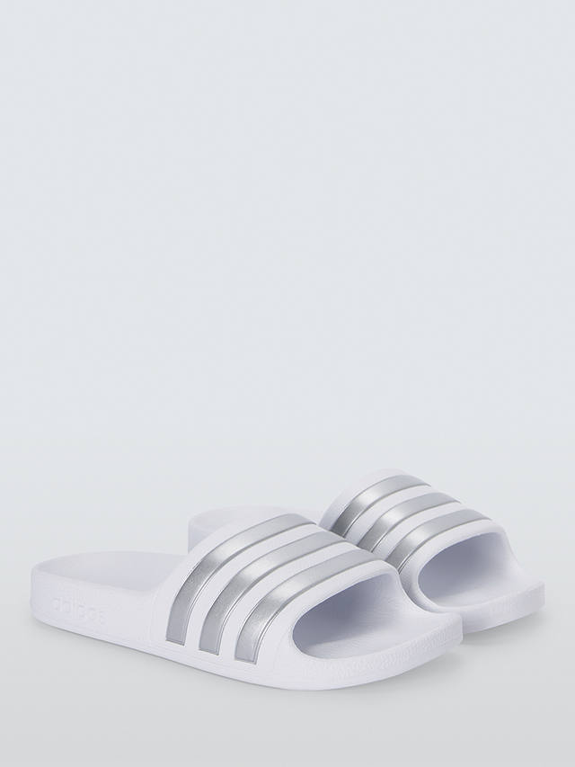 adidas Kids' Adilette Aqua Shower Stripe Sliders, White/Silver