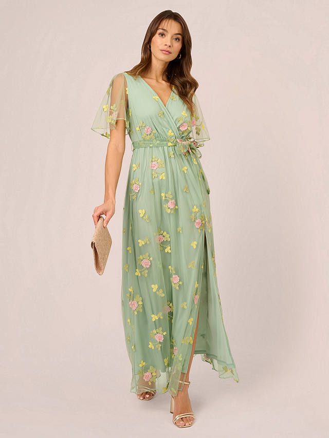 Adrianna Papell Embroidered Flutter Sleeve Maxi Dress, Sage/Multi