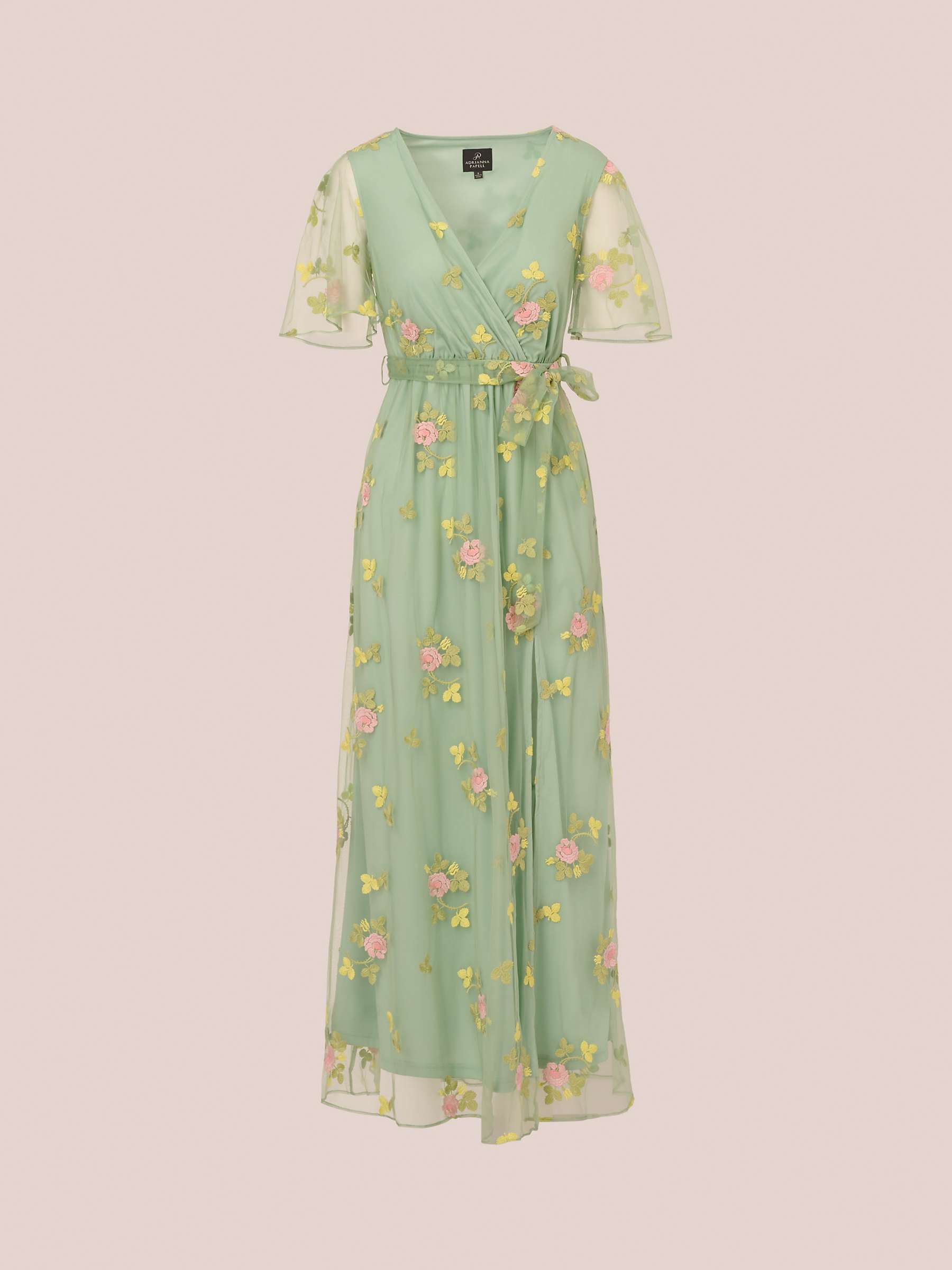 Buy Adrianna Papell Embroidered Flutter Sleeve Maxi Dress, Sage/Multi Online at johnlewis.com