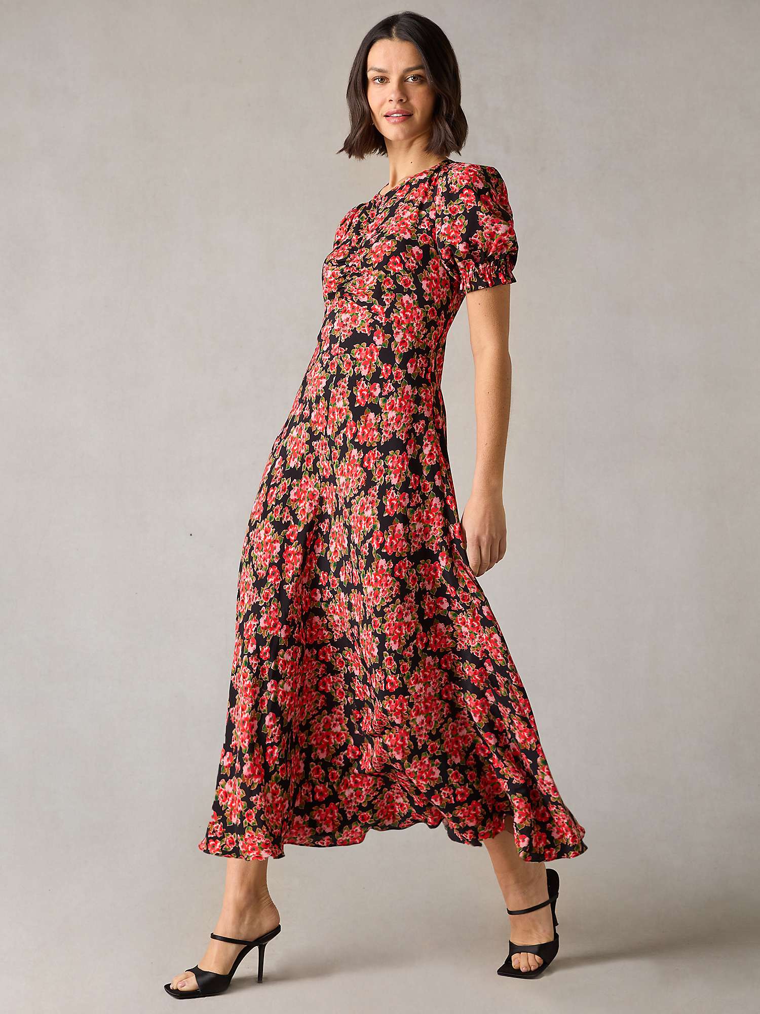 Buy Ro&Zo Petite Red Rose Print Ruched Front Midi Dress, Multi Online at johnlewis.com