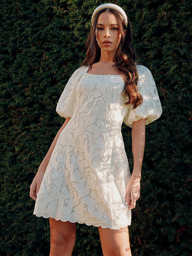 Ro&Zo Lace Puff Sleeve Square Neck Mini Dress, White