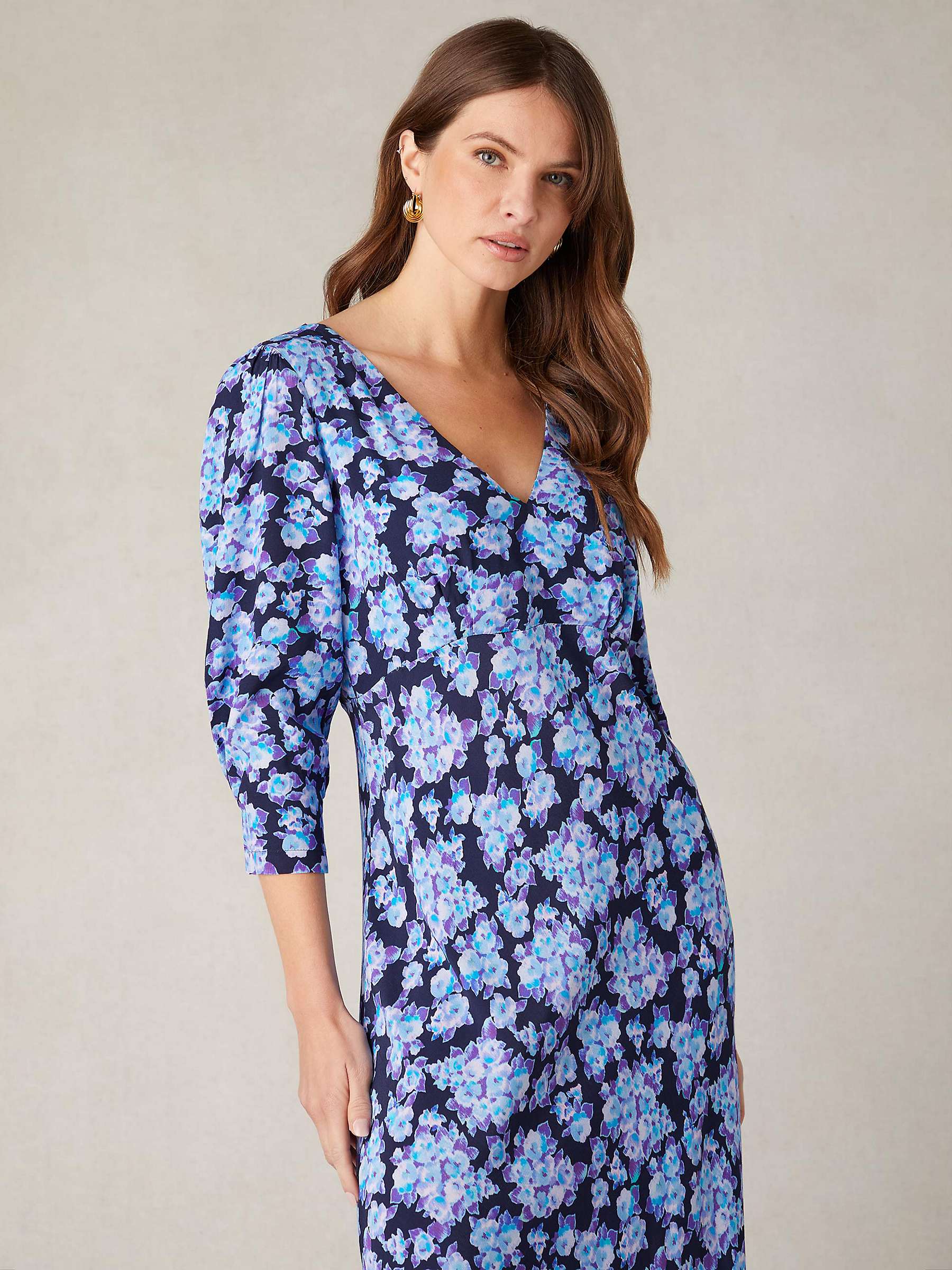 Buy Ro&Zo Blurred Floral V-Neck Midi Dress, Blue/Multi, Blue/Multi Online at johnlewis.com