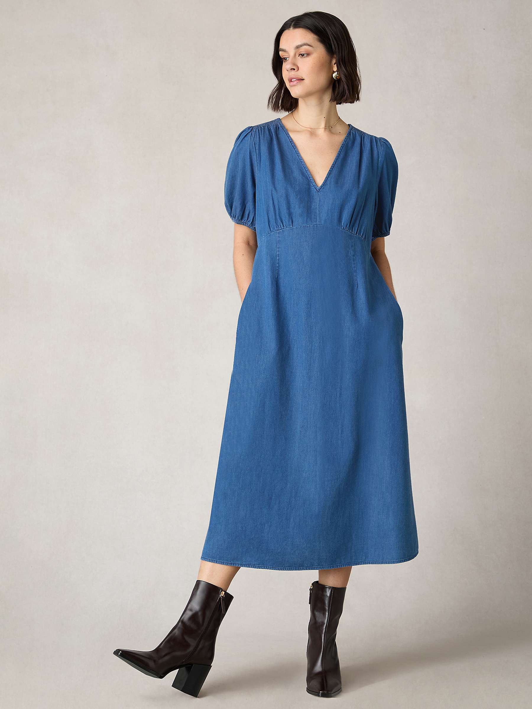 Buy Ro&Zo Petite Shirred Shoulder Midi Dress, Blue Online at johnlewis.com