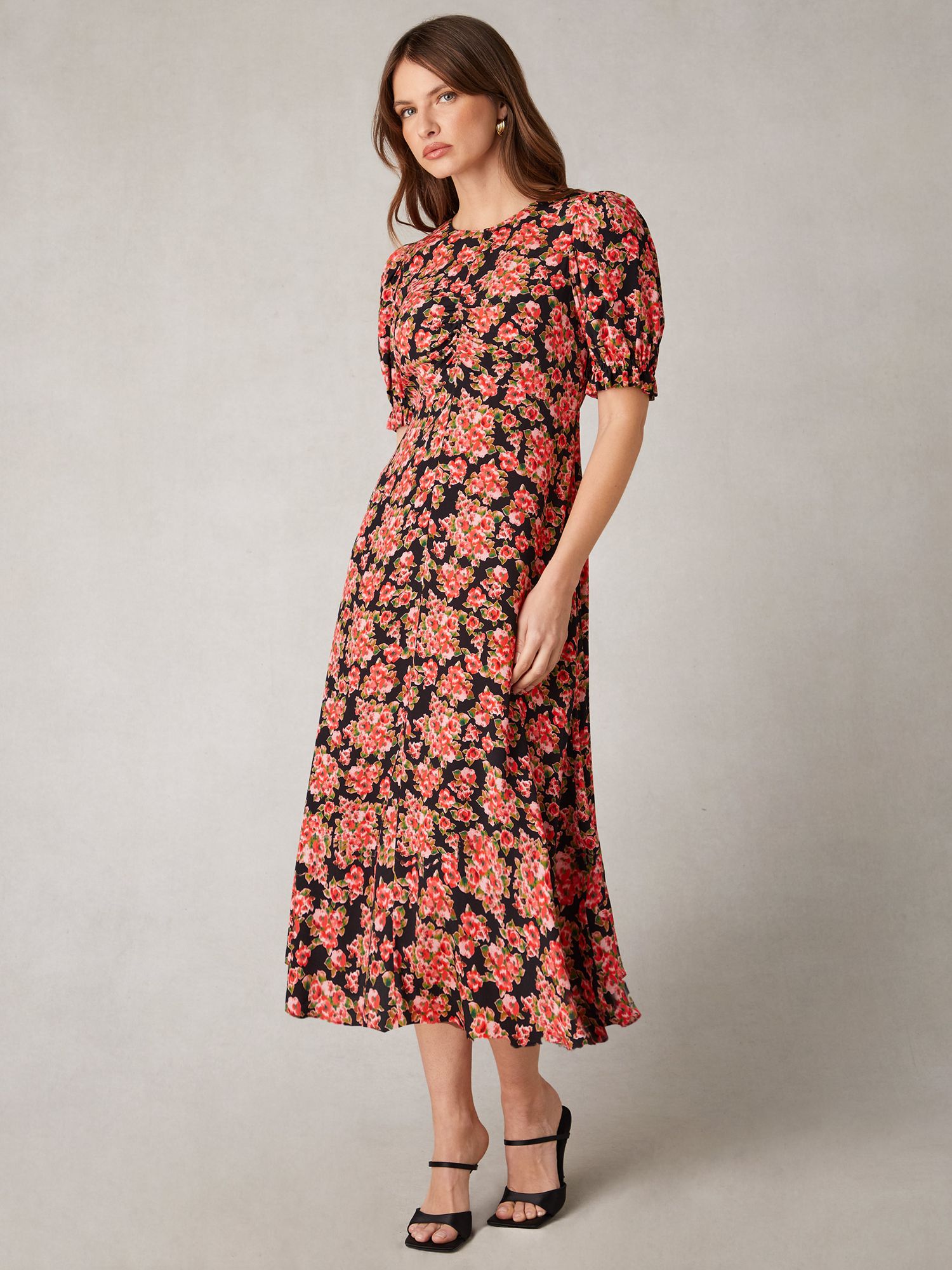 Buy Ro&Zo Red Rose Print Ruched Front Midi Dress, Multi Online at johnlewis.com