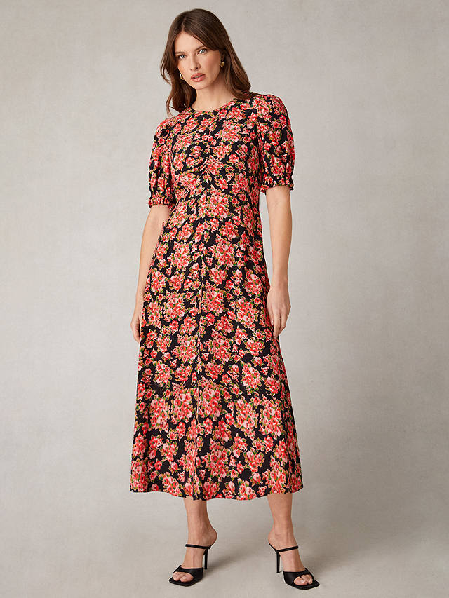 Ro&Zo Red Rose Print Ruched Front Midi Dress, Multi