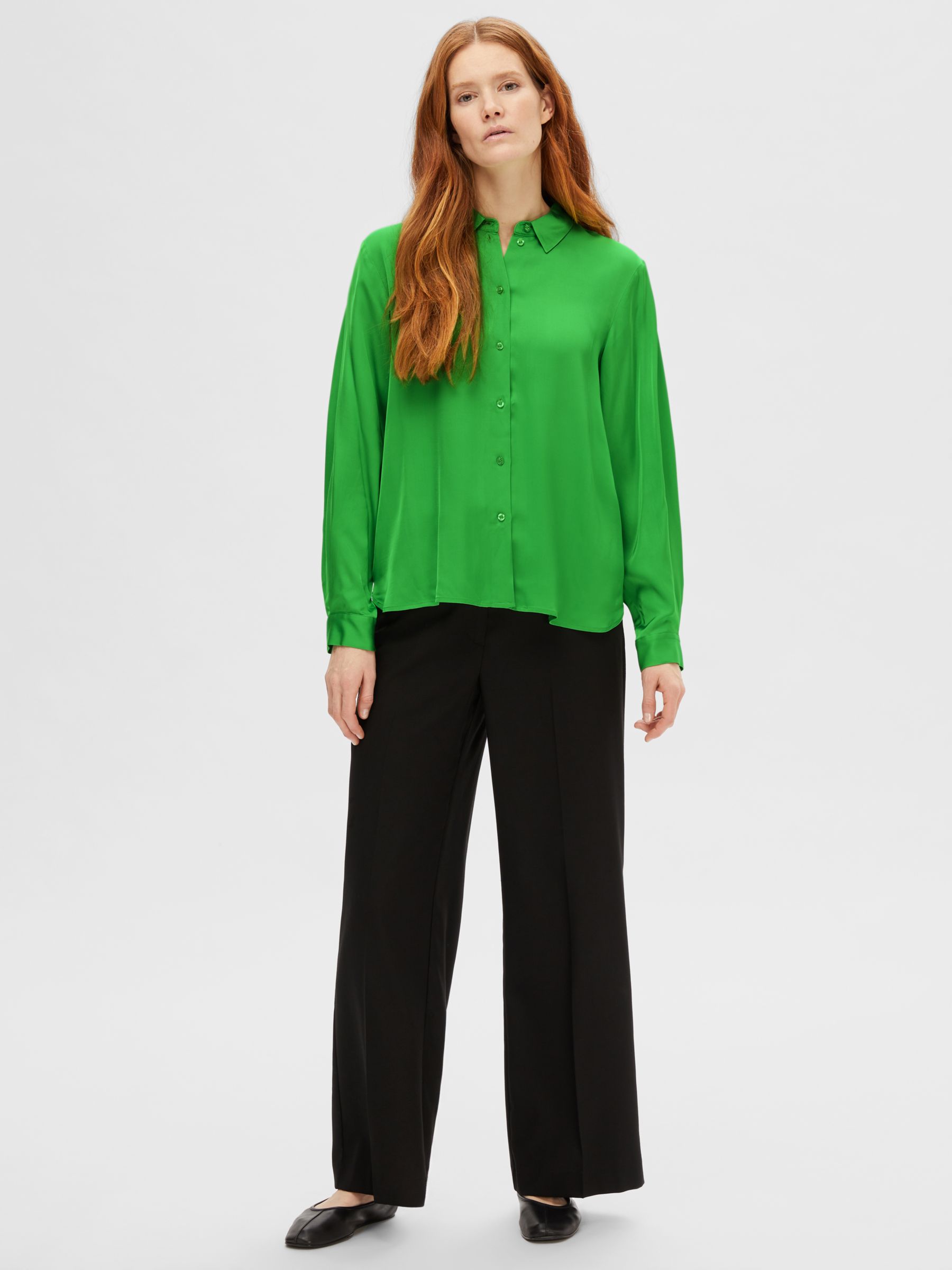 Buy SELECTED FEMME Lena Long Sleeve Satin Shirt, Classic Green Online at johnlewis.com