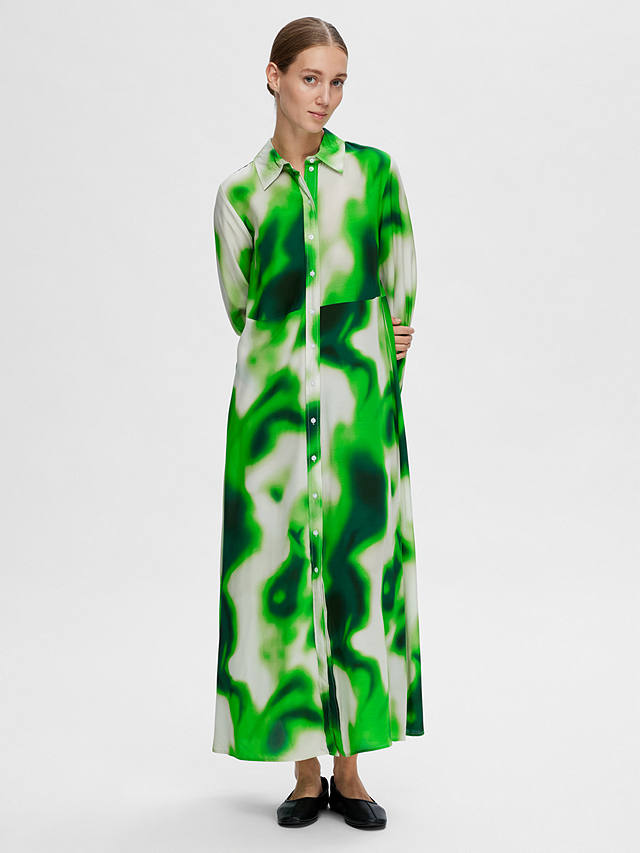 SELECTED FEMME Claudine Abstract Print Maxi Shirt Dress, Green/Multi