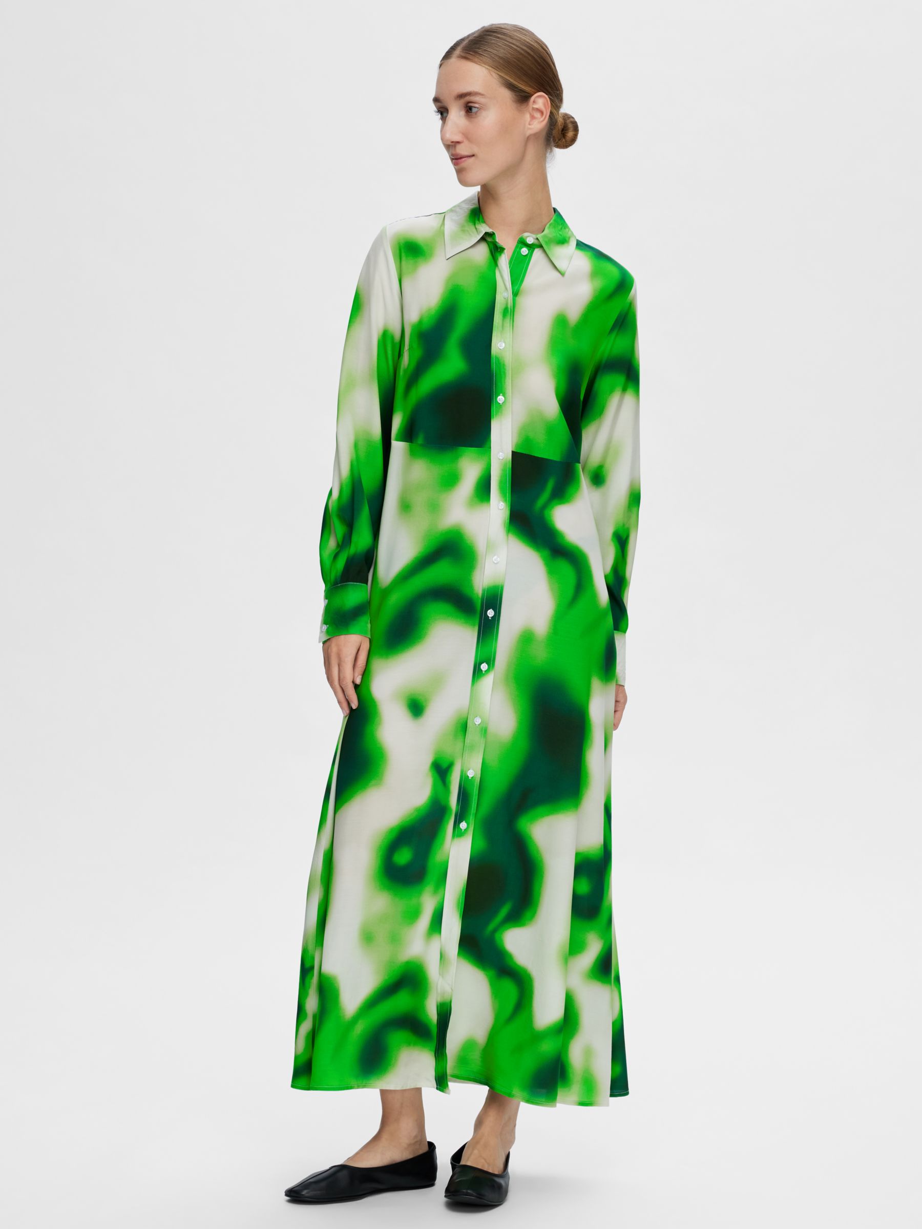 SELECTED FEMME Claudine Abstract Print Maxi Shirt Dress, Green/Multi, 34