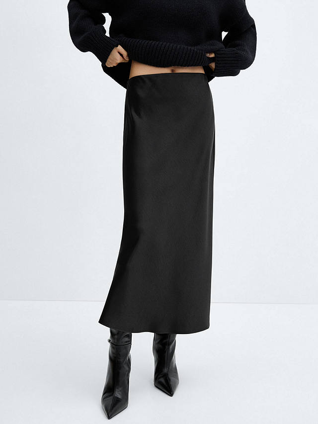 Mango Mia Satin Slip Midi Skirt, Black
