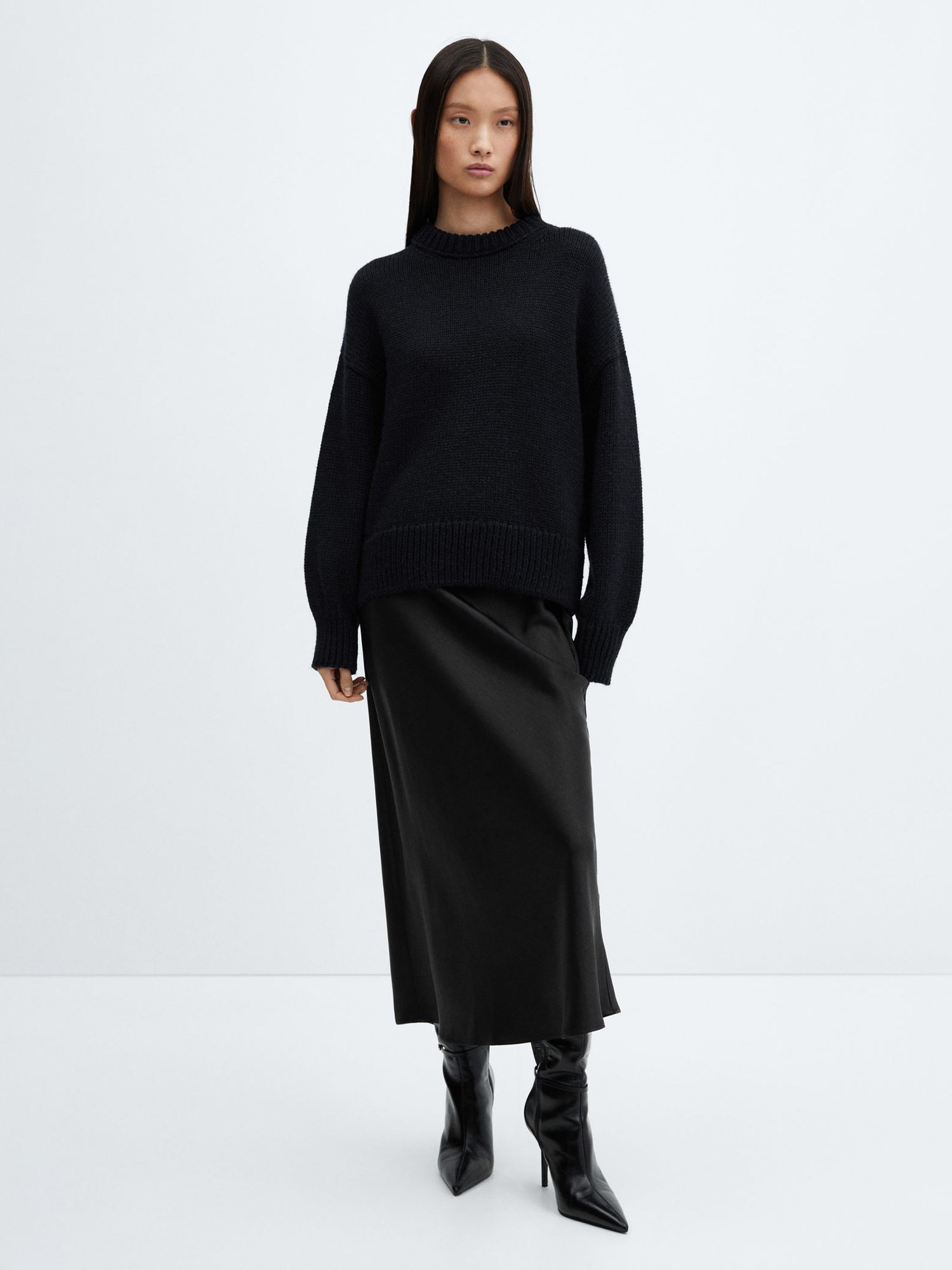 Mango Mia Satin Midi Skirt, Black at John Lewis & Partners