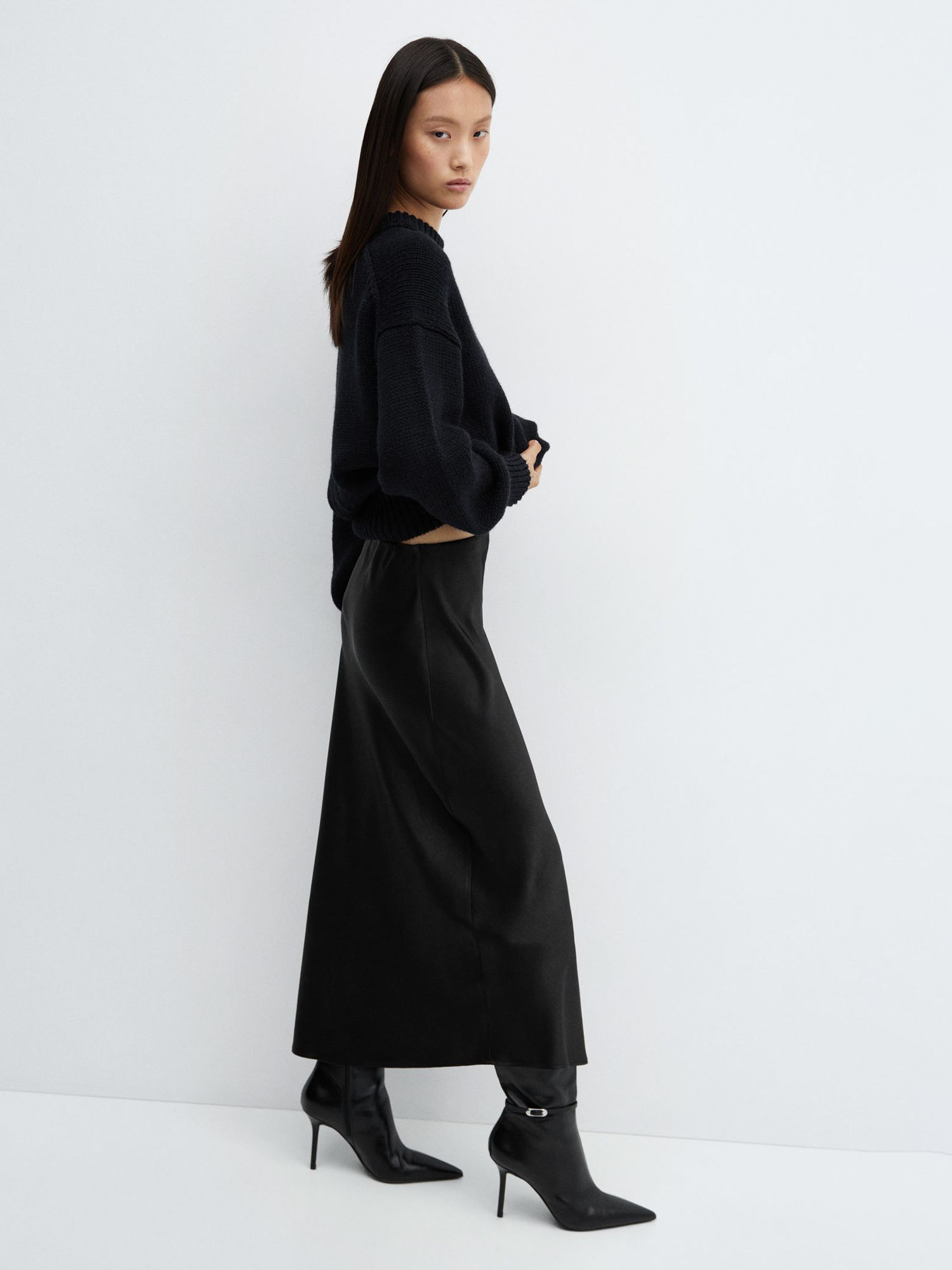 Mango Mia Satin Slip Midi Skirt, Black, XS