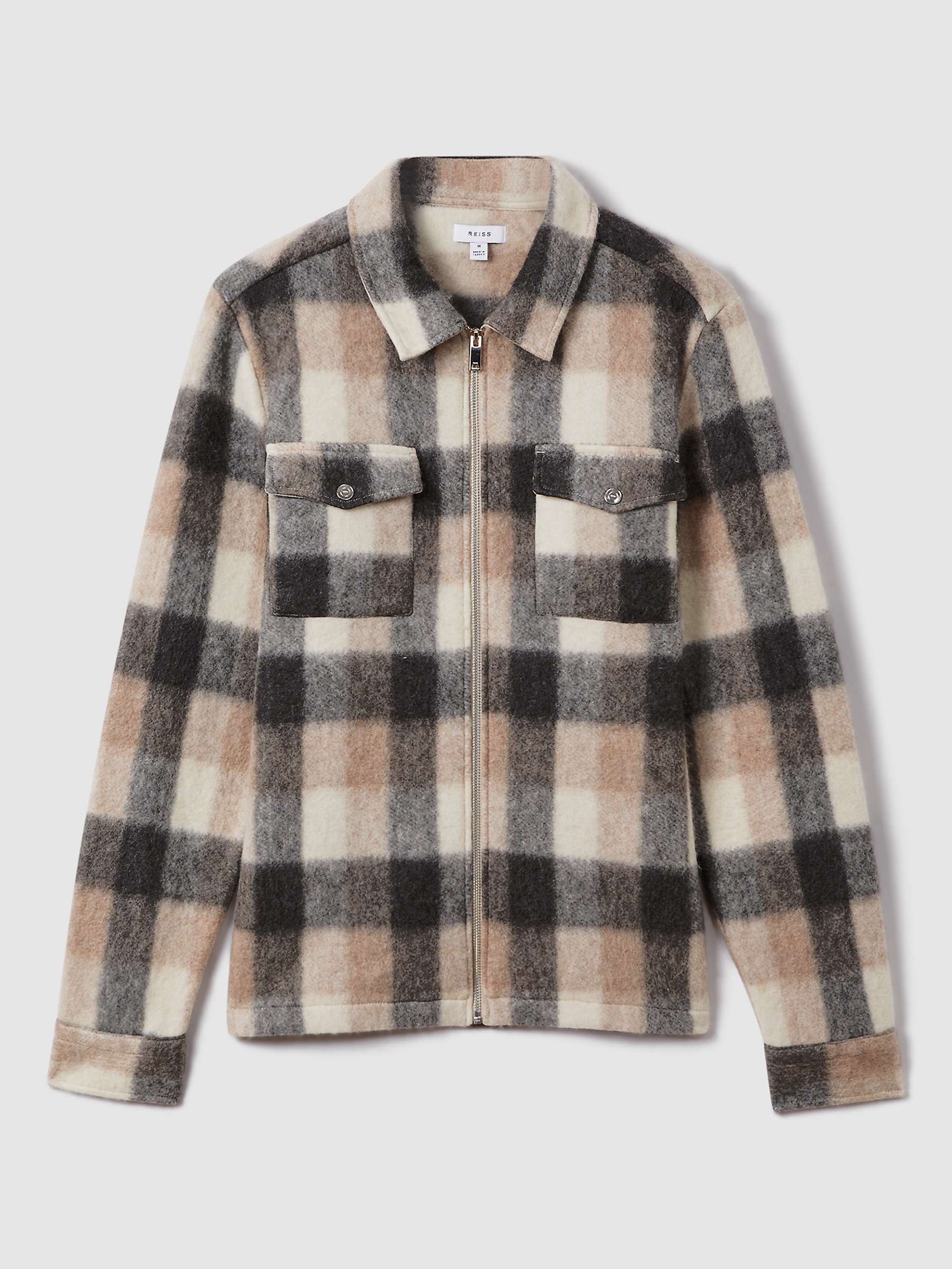 Buy Reiss Stamford Long Sleeve Brushed Check Zip Shirt, Oatmeal/Grey Online at johnlewis.com