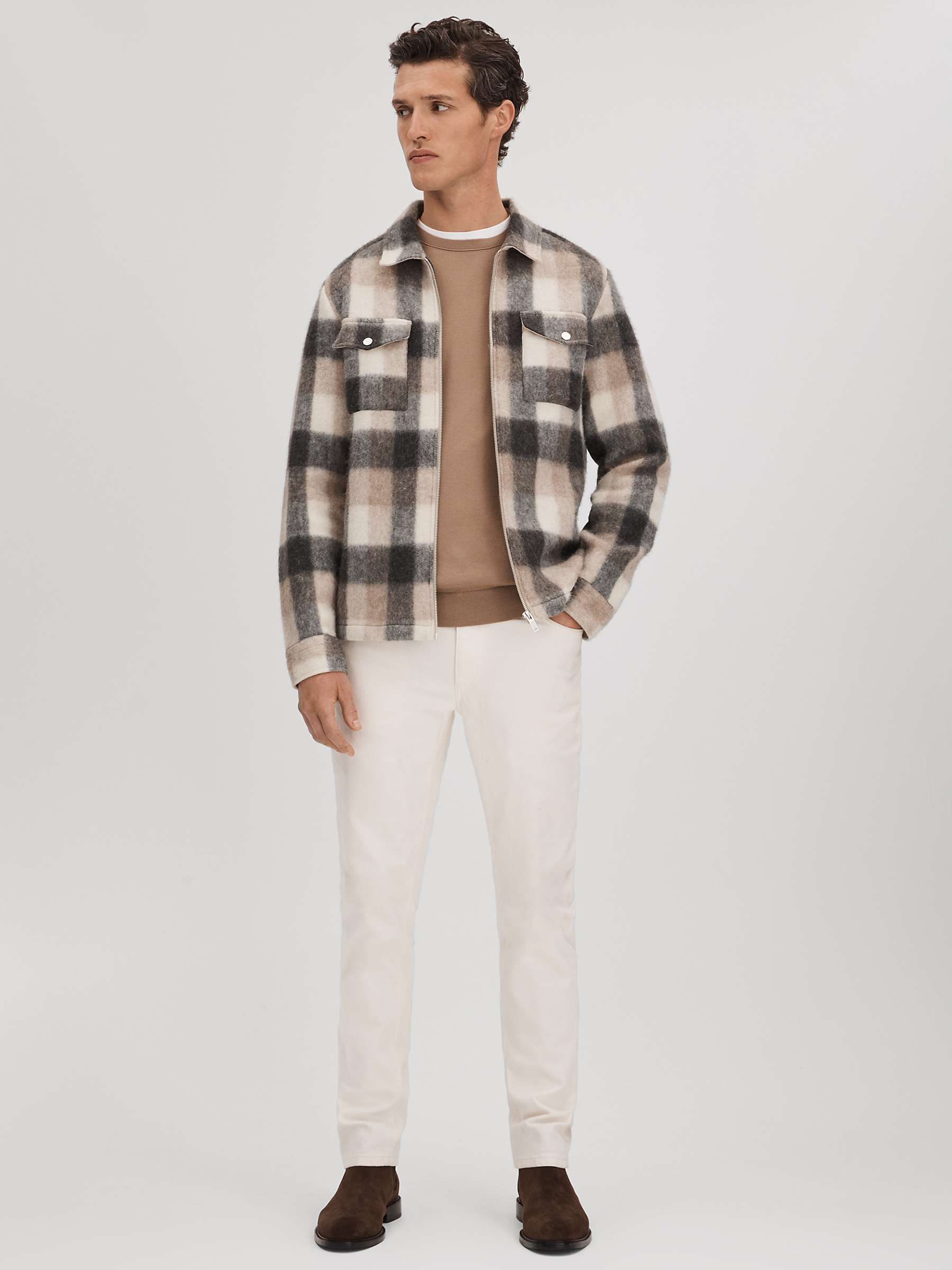 Buy Reiss Stamford Long Sleeve Brushed Check Zip Shirt, Oatmeal/Grey Online at johnlewis.com