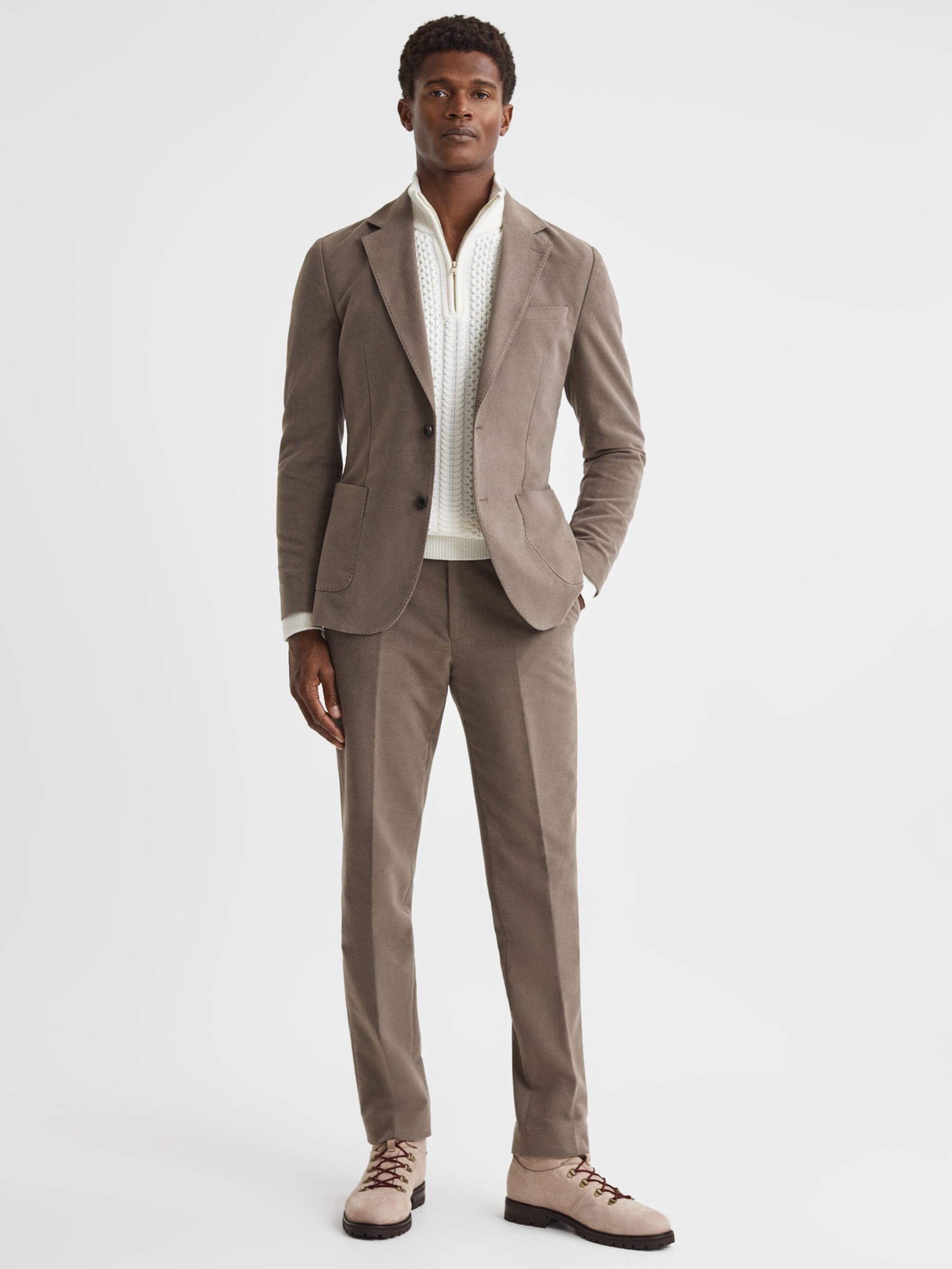 Reiss Wall Tailored Fit Single Breasted Moleskin Blazer, Brown at John ...