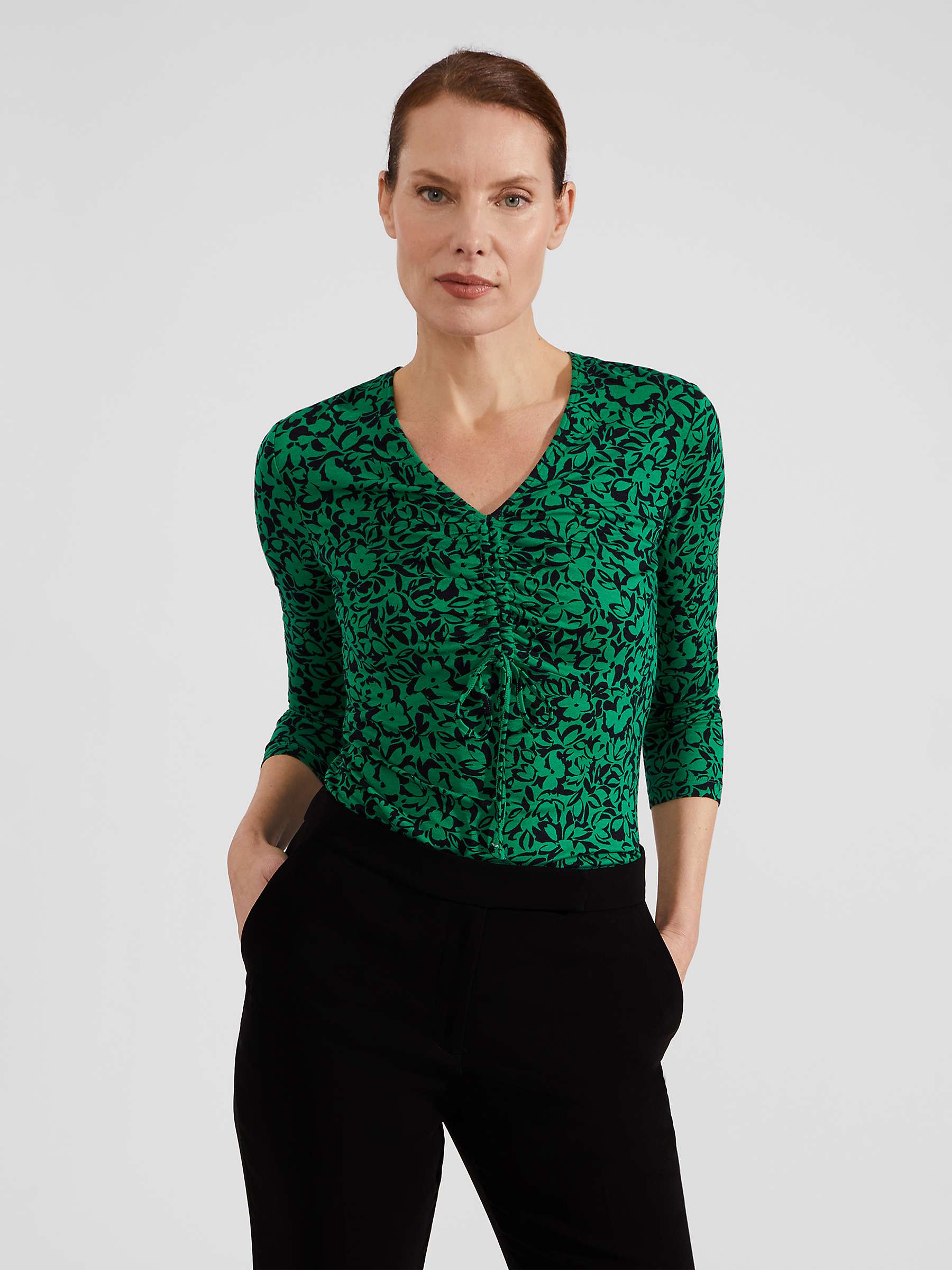 Buy Hobbs Simmy Floral Print Ruched Front Top, Green/Black Online at johnlewis.com