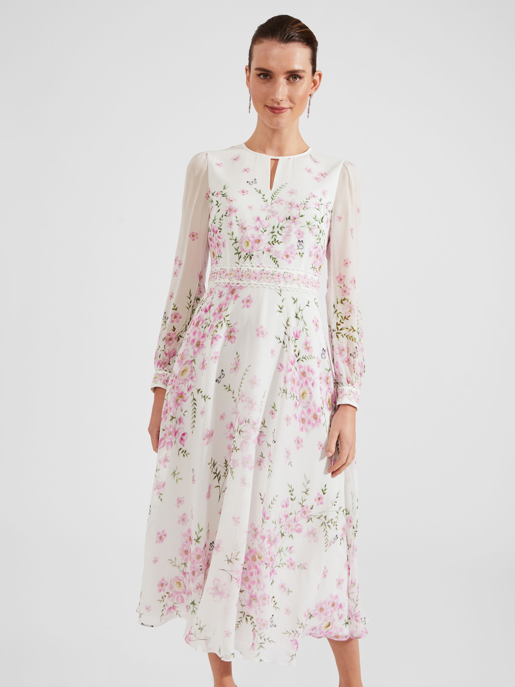 Hobbs Petite Skye Floral Print Silk Midi Dress, Ivory/Multi at John ...