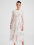 Hobbs Petite Skye Floral Print Silk Midi Dress, Ivory/Multi, Ivory/Multi