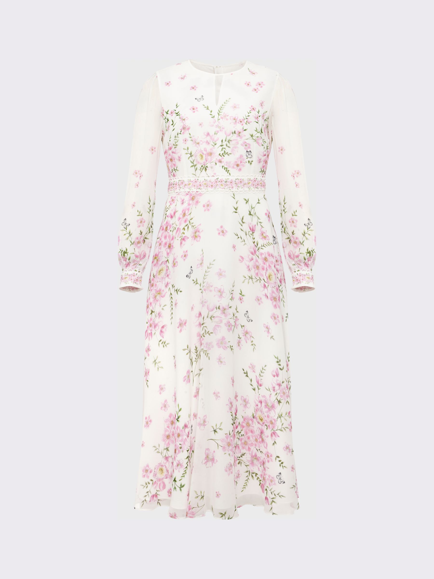 Hobbs Petite Skye Floral Print Silk Midi Dress, Ivory/Multi, 12