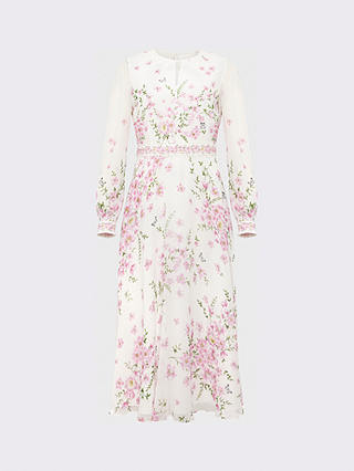 Hobbs Petite Skye Floral Print Silk Midi Dress, Ivory/Multi