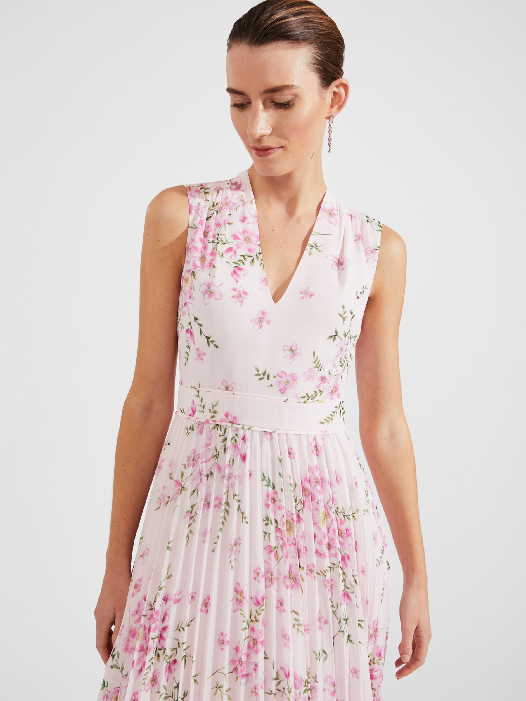 Hobbs Veronica Floral Print Pleated Maxi Dress, Pink/Multi at John ...