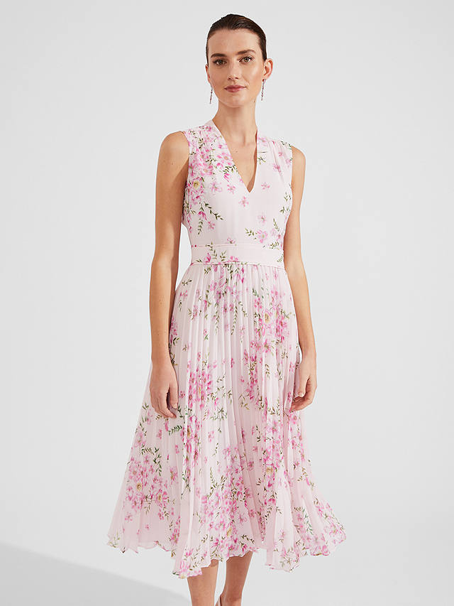 Hobbs Petite Veronica Floral Print Pleated Maxi Dress, Pink/Multi