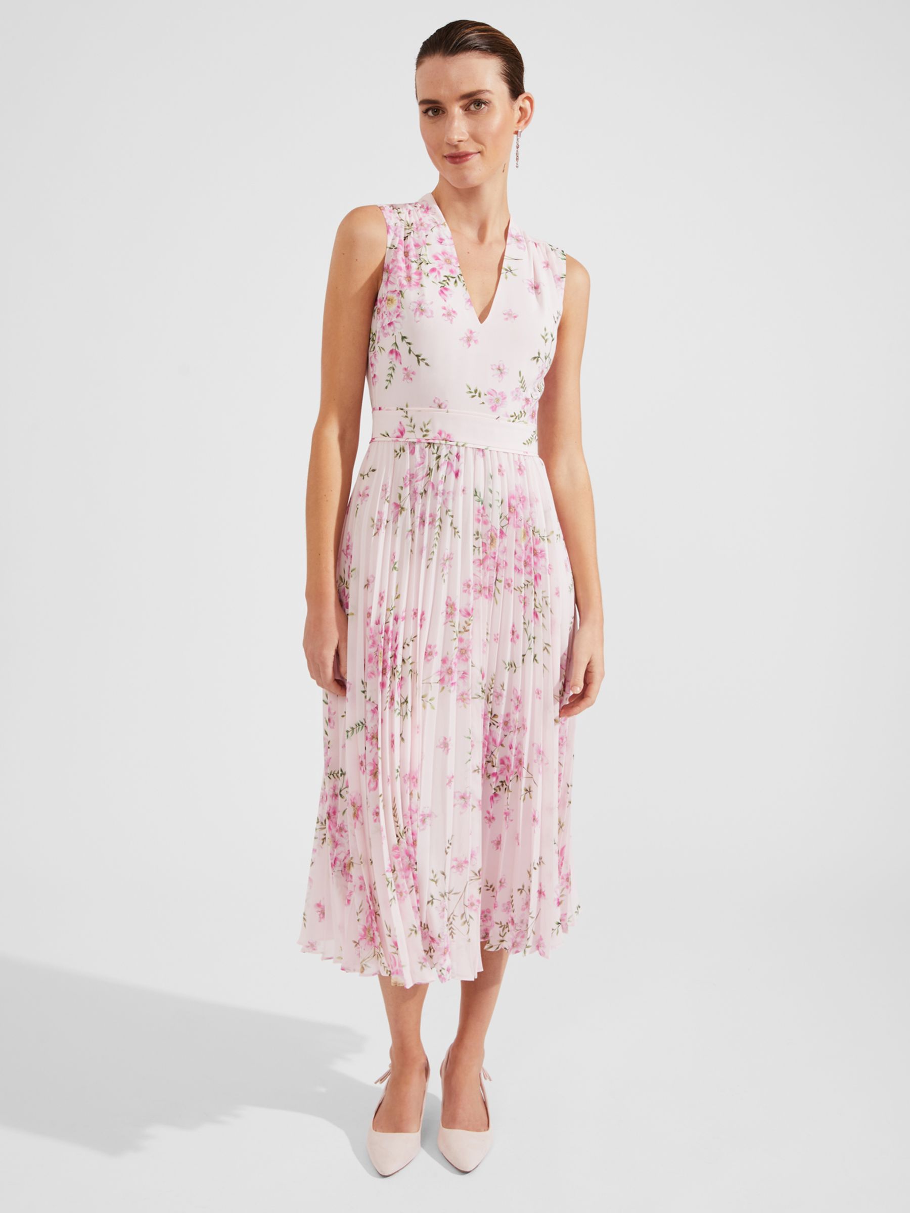 Hobbs Petite Veronica Floral Print Pleated Maxi Dress, Pink/Multi, 10