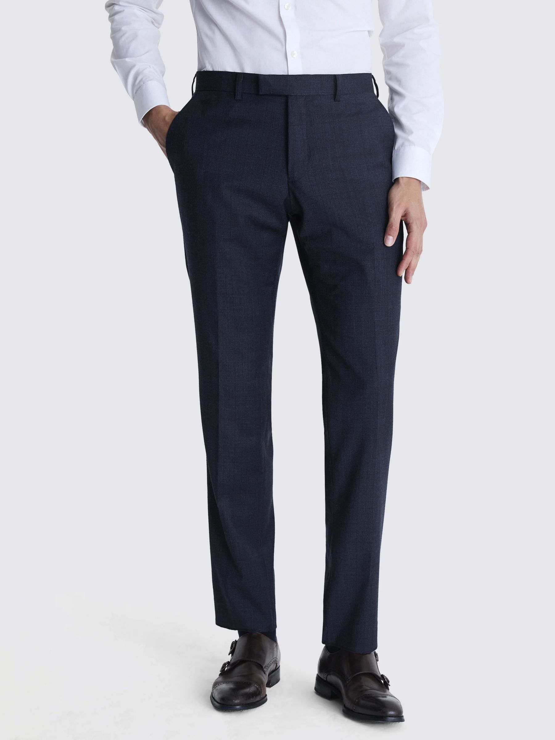 Moss Tailored Fit Wool Blend Check Performance Suit Trousers, Navy, 32S