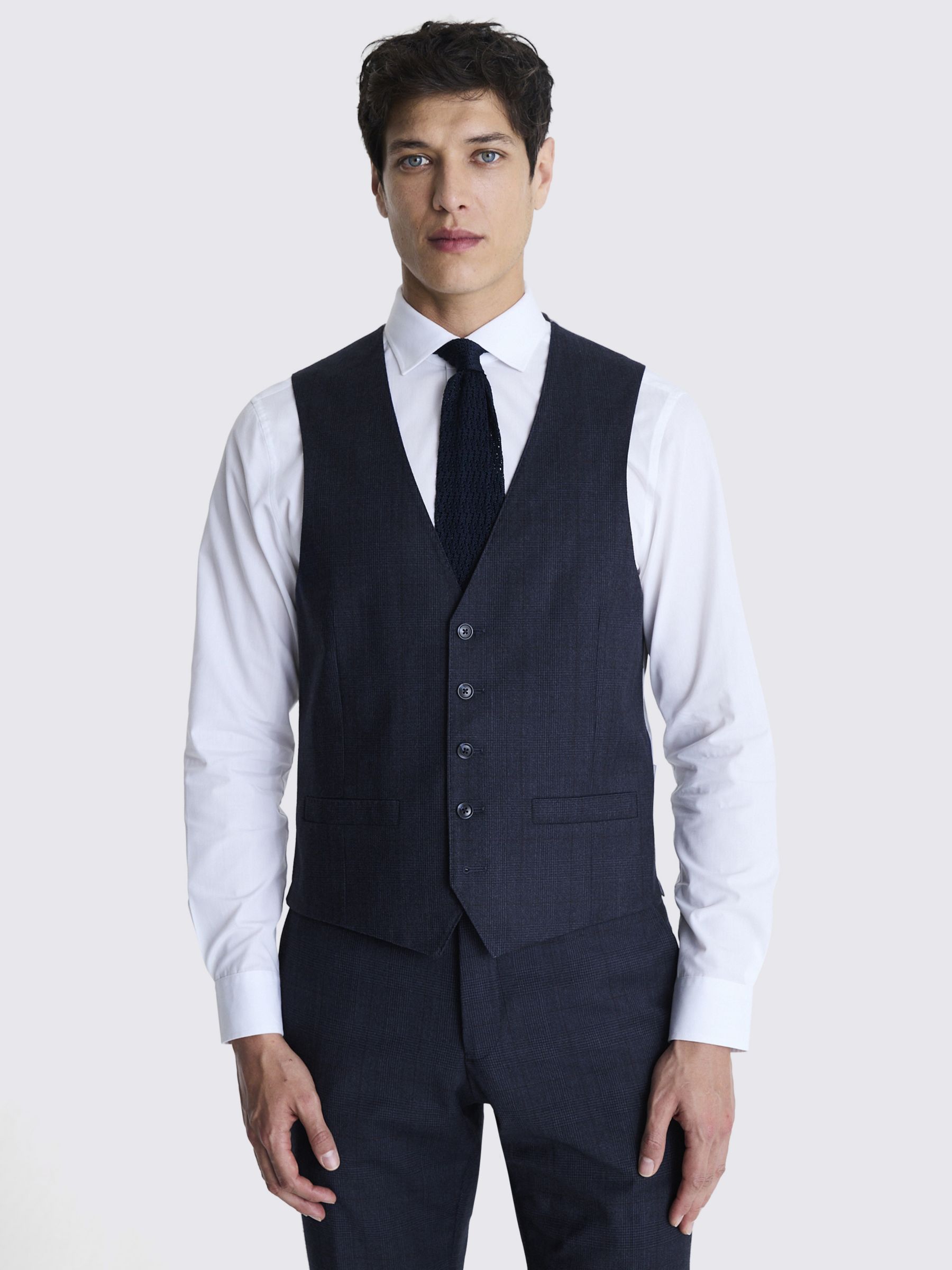 Moss Tailored Fit Wool Blend Check Performance Waistcoat, Navy, 44R