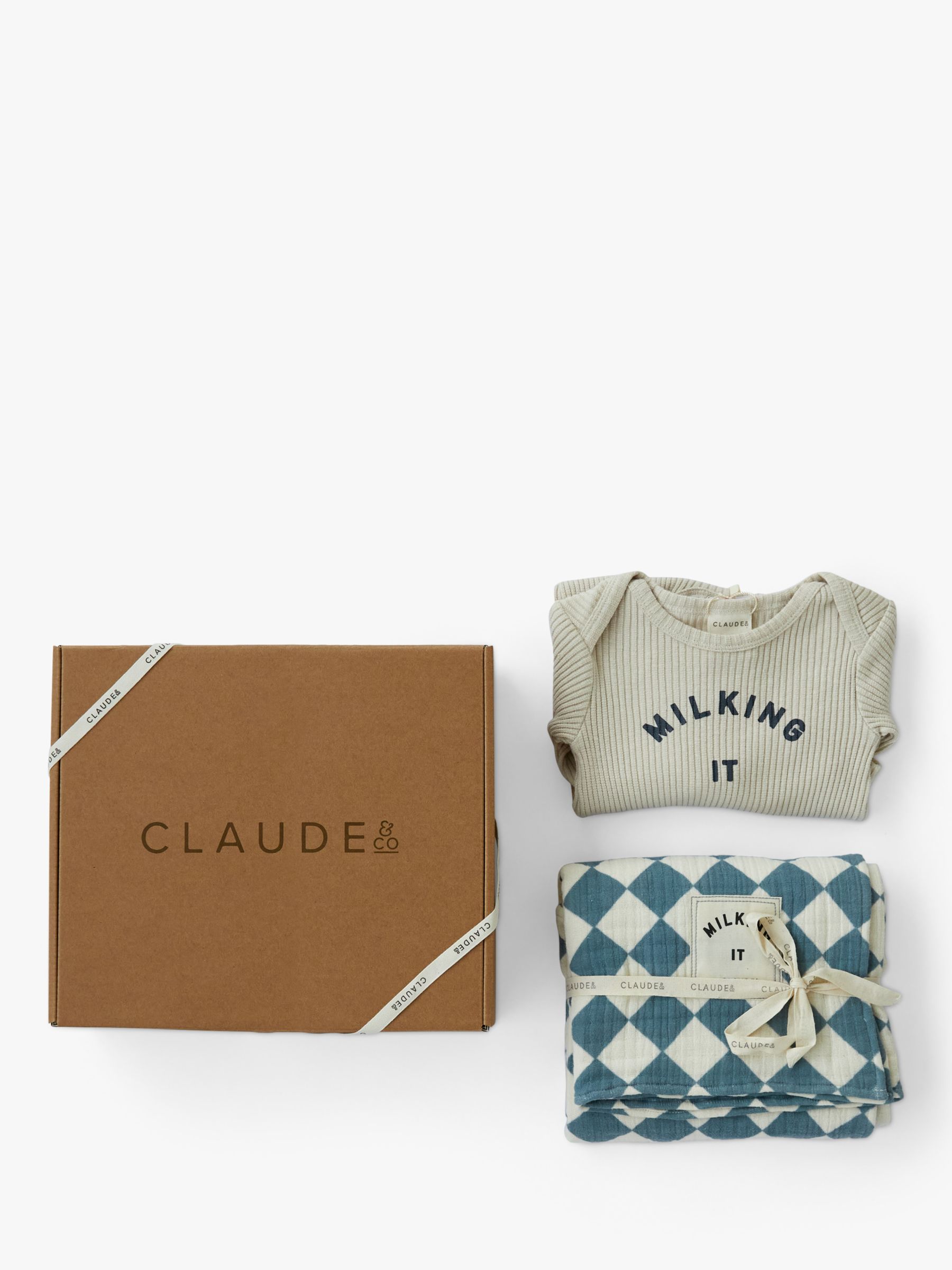 Claude & Co Baby Organic Cotton Milking It Bodysuit & Muslin Gift Set, Oat/Checkerboard, Newborn