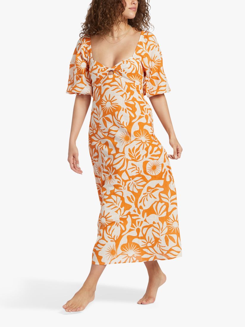 Billabong Paradise Tropical Print Cotton Midi Dress, Dried Mango, S