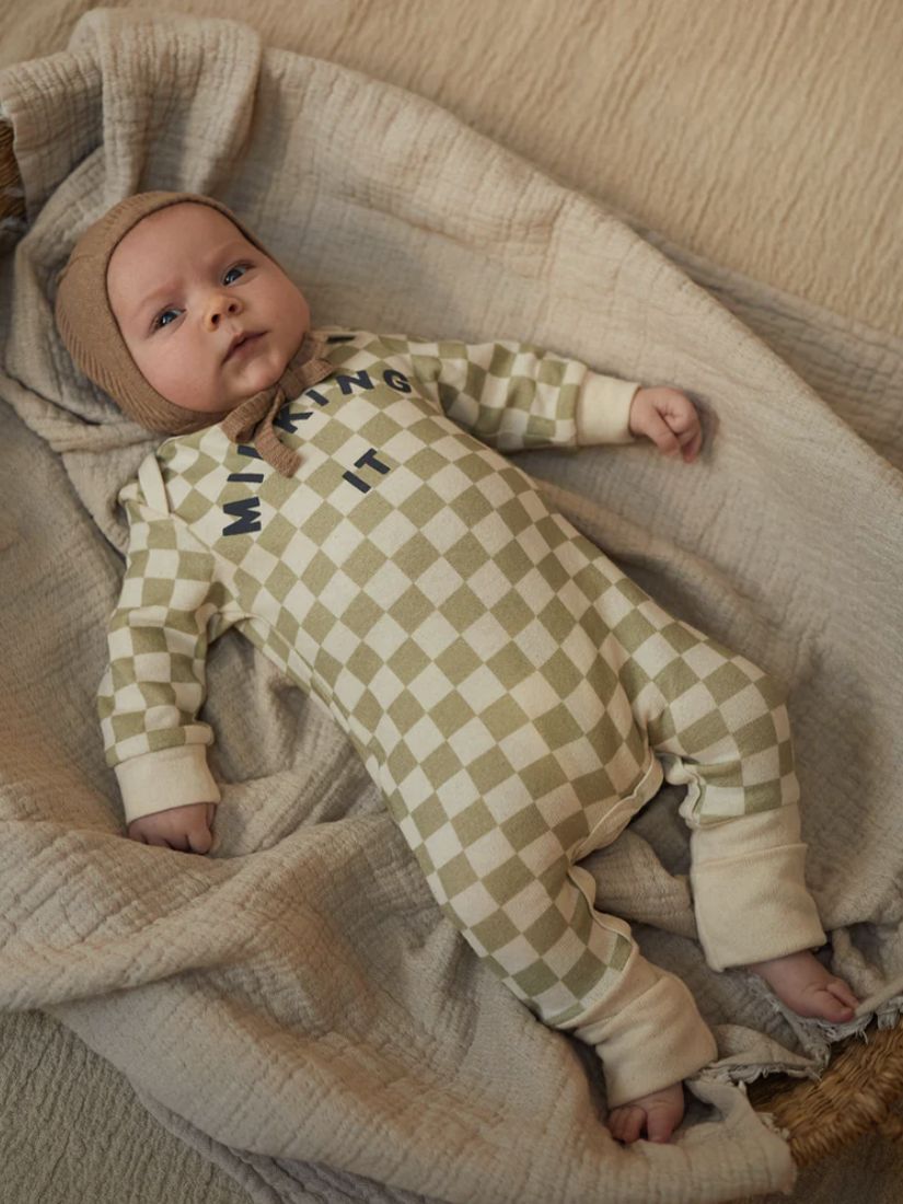 Claude & Co Baby Organic Cotton Milking It Checkerboard Onesie, Taupe, 6-12 months