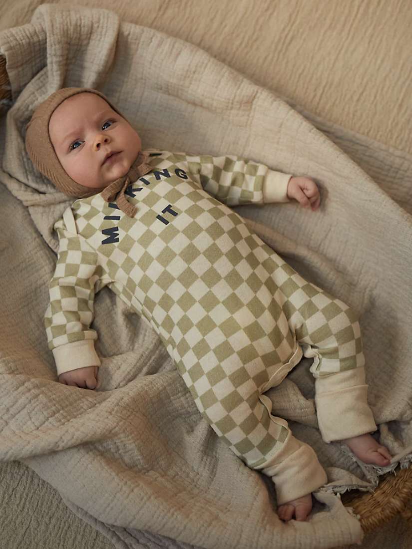 Buy Claude & Co Baby Organic Cotton Milking It Checkerboard Onesie, Taupe Online at johnlewis.com