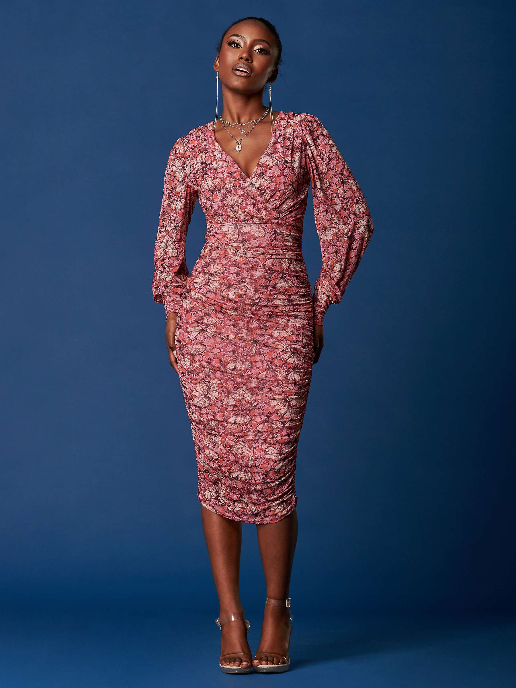 Buy Jolie Moi Rosalie Ruched Mesh Midi Dress, Pink/Multi Online at johnlewis.com