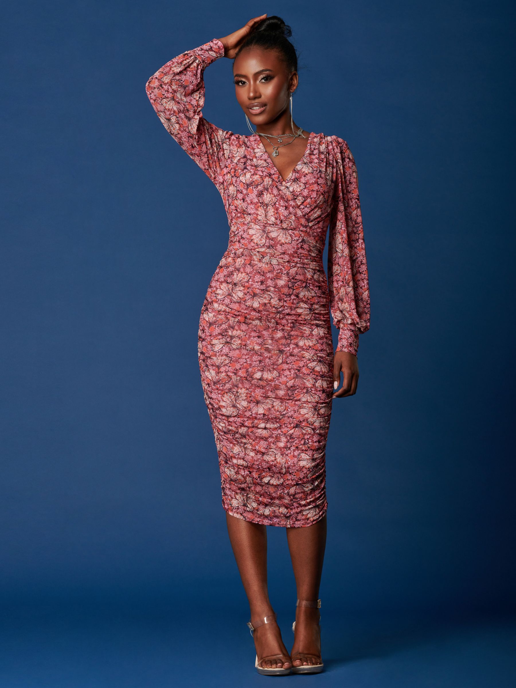 Buy Jolie Moi Rosalie Ruched Mesh Midi Dress, Pink/Multi Online at johnlewis.com