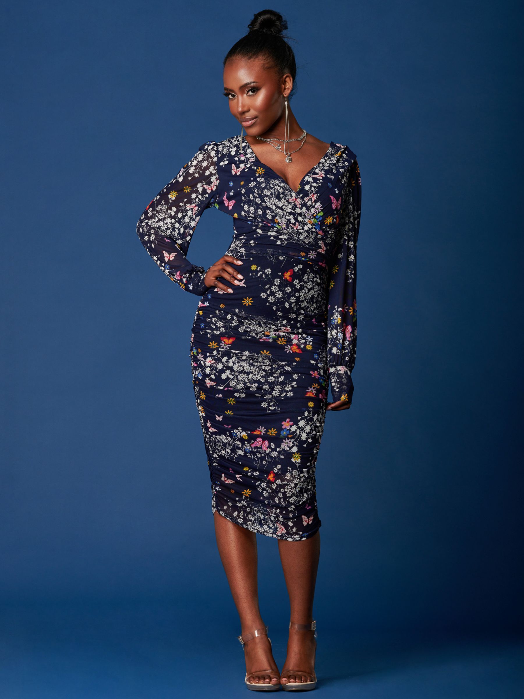 Jolie Moi Floral Ruched Mesh Midi Dress, Navy at John Lewis & Partners