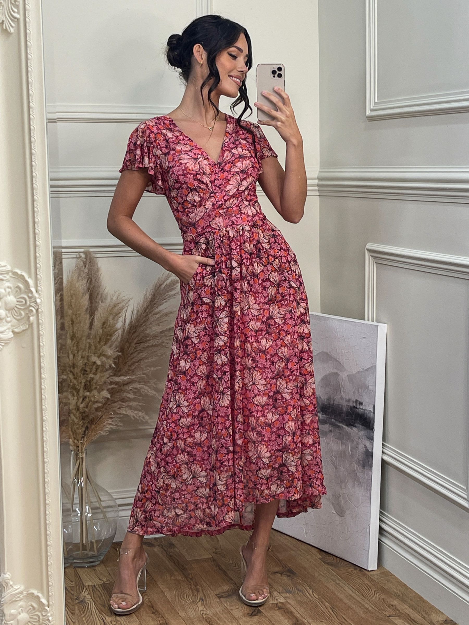 Jolie Moi Mesh Floral Print V-Neck Maxi Dress, Pink/Multi, 8