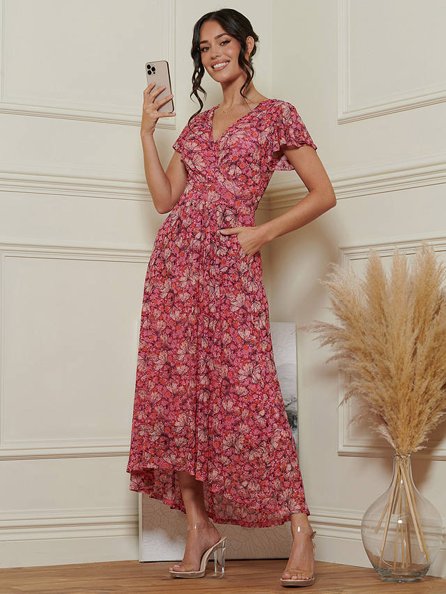 Jolie Moi Mesh Floral Print V-Neck Maxi Dress, Pink/Multi