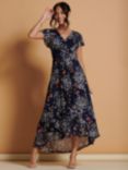 Jolie Moi Mesh Floral Print Dip Hem Maxi Dress, Navy/Multi