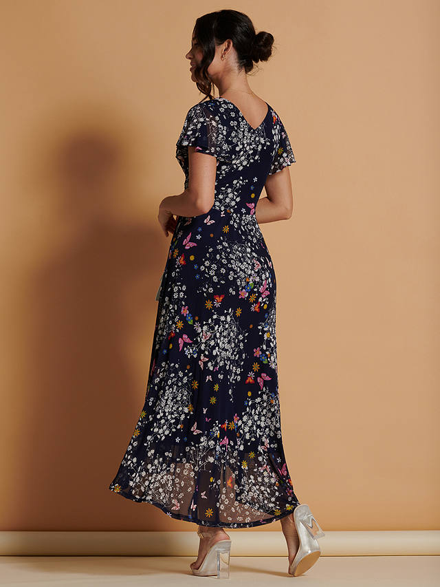 Jolie Moi Mesh Floral Print Dip Hem Maxi Dress, Navy/Multi