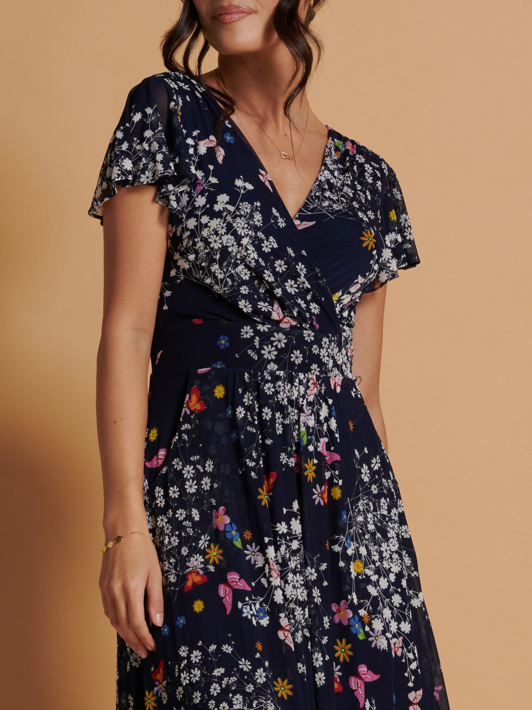 Buy Jolie Moi Mesh Floral Print Dip Hem Maxi Dress, Navy/Multi Online at johnlewis.com