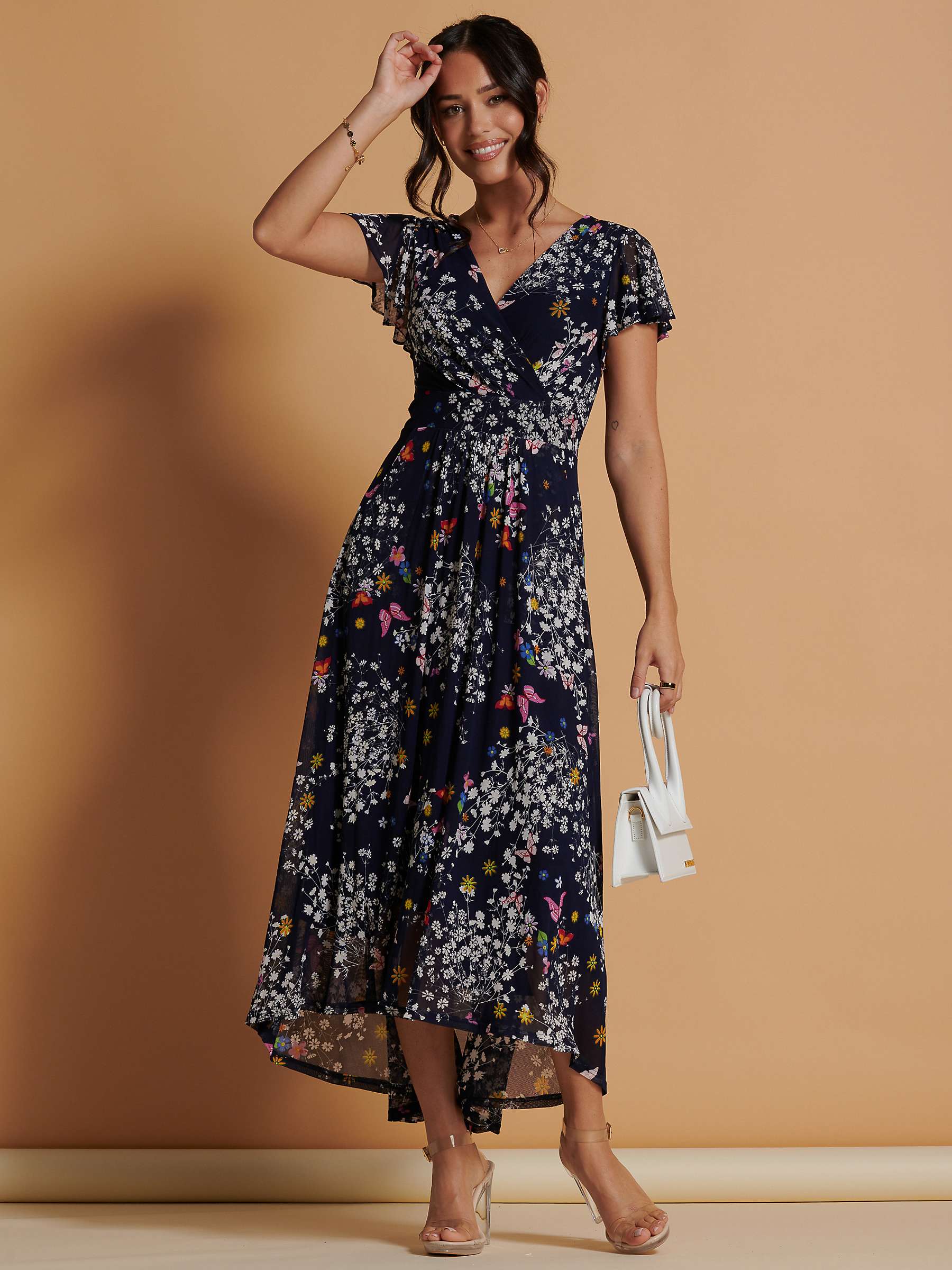 Buy Jolie Moi Mesh Floral Print Dip Hem Maxi Dress, Navy/Multi Online at johnlewis.com