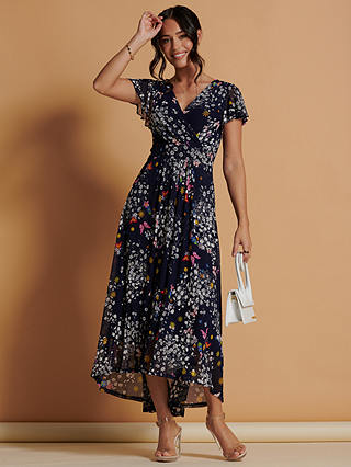 Jolie Moi Mesh Floral Print Dip Hem Maxi Dress, Navy/Multi